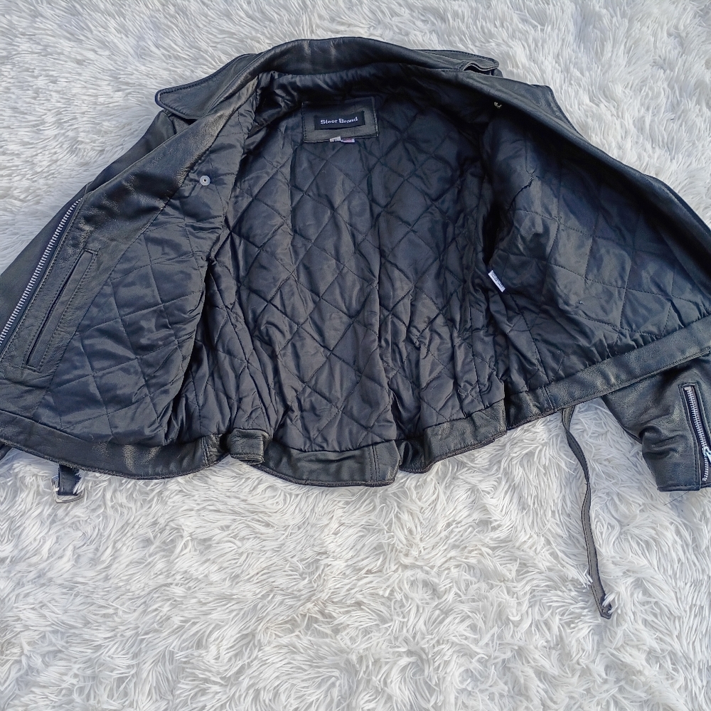 Steer Brand Black Leather Moto Jacket Belted Zip Front Size 14 USA - Picture 14 of 15